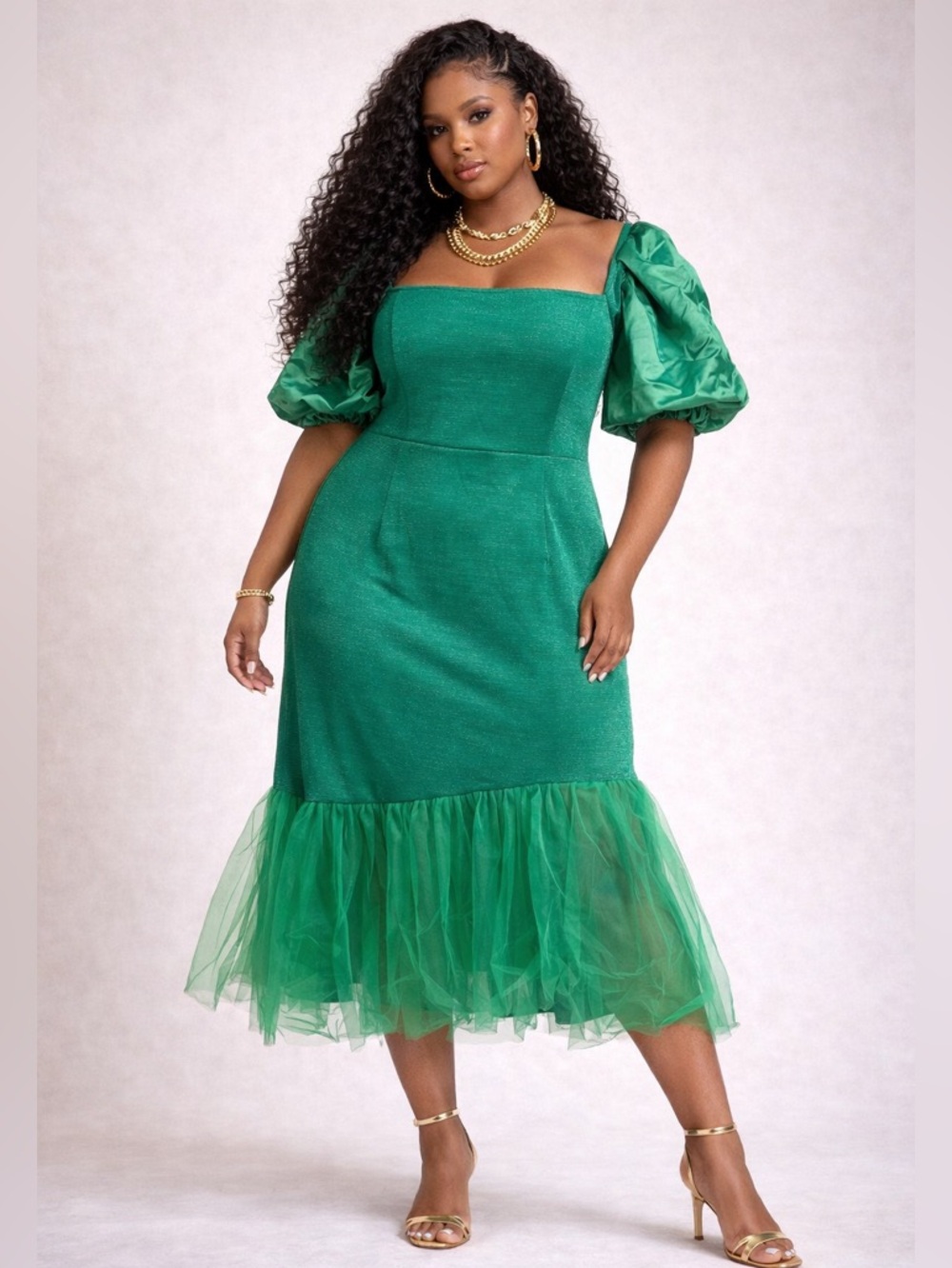 Puff-Sleeve Portrait-Neckline Dress